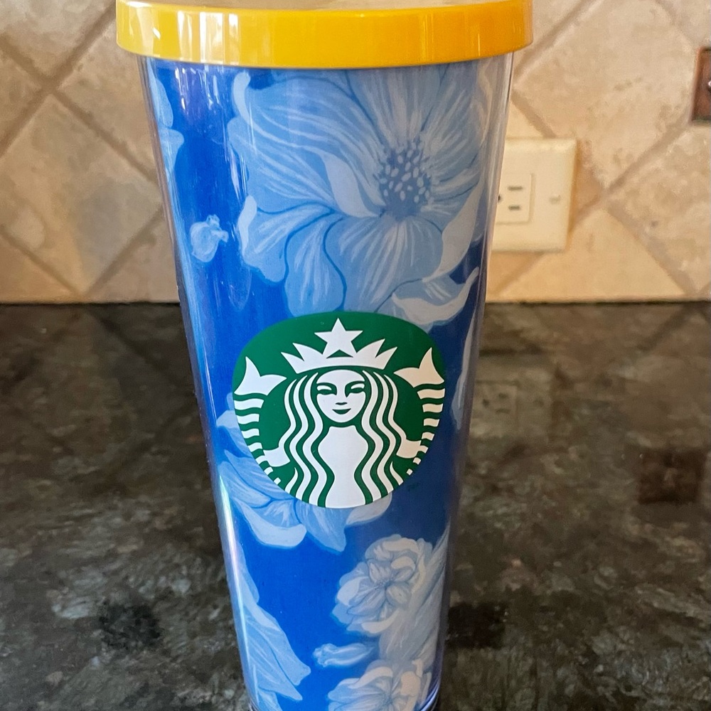 Starbucks 24oz Acrylic Tumbler Blue White Flower Floral Cactus‎ With Lid